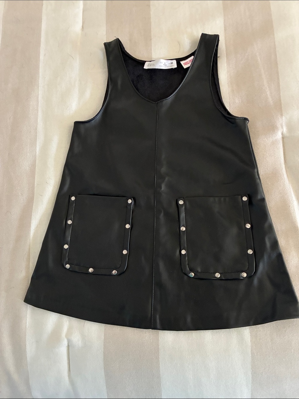 Zara Black Faux Leather Pinafore Dress with Stud Pockets